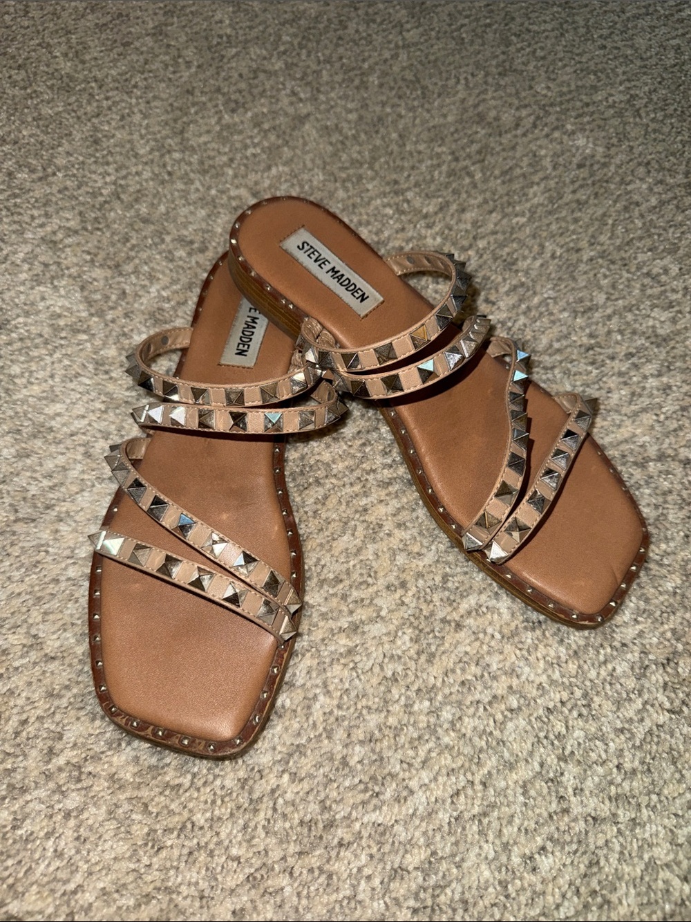 Steve Madden Brown Pyramid Stud Triple-Strap Sandals